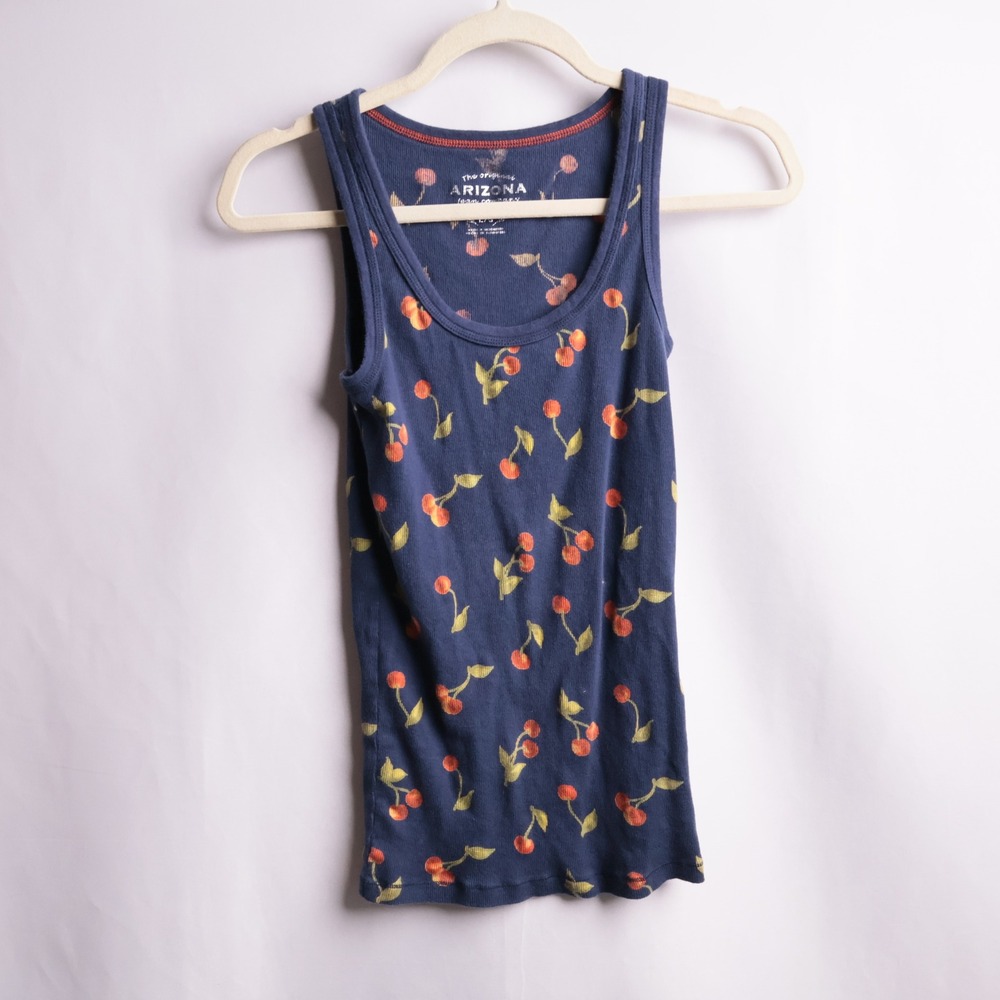 Arizona Jean Co Navy Blue Cherry Print Ribbed Cotton Tank Top L Indie Sleeze Y2K